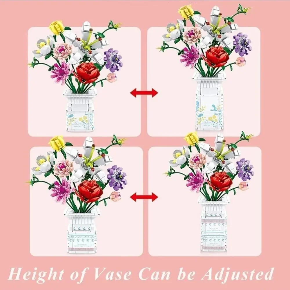 730 Piece Block Flowers Bouquet Building Set, 10 Artificial Flowers, with Vase